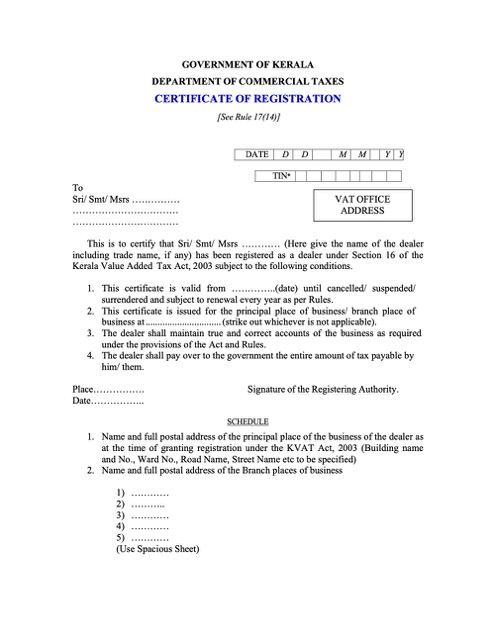 Download India Kerala certificate of registration Word and PDF template Photoshop template